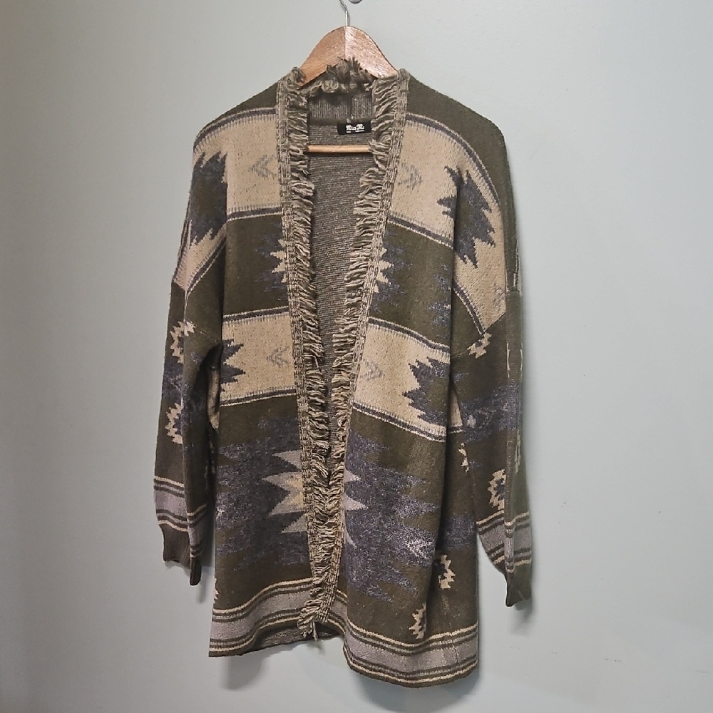 Miss Me Open Front with Fringe  Olive and Beige Aztec Sweater